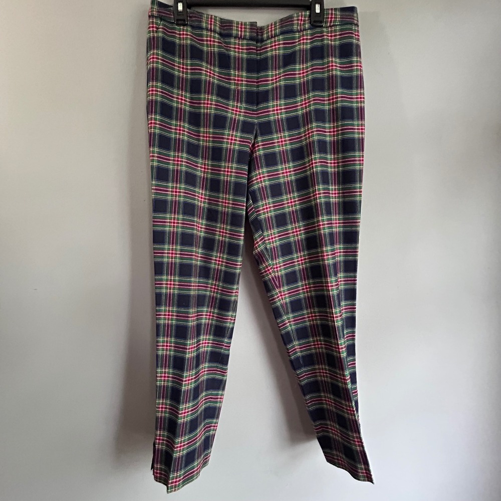 Talbots Womens 12 Plaid Wool Blend Ankle Pants Green Red Blue Bow Hem Trousers